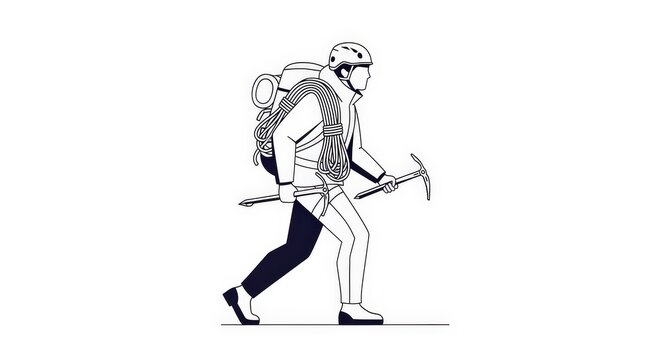 A person with climbing gear, including a backpack, rope, and ice axe, is walking.