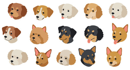 Cute cartoon dog heads collection with various breeds on white background