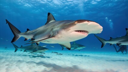 Fototapeta premium Shark encounter underwater adventure ocean waters wildlife photography vibrant environment close-up view marine life exploration