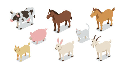 Obraz premium Isometric farm animals: cow, horse, pig, cat, dog, goat, rabbit collection for educational design