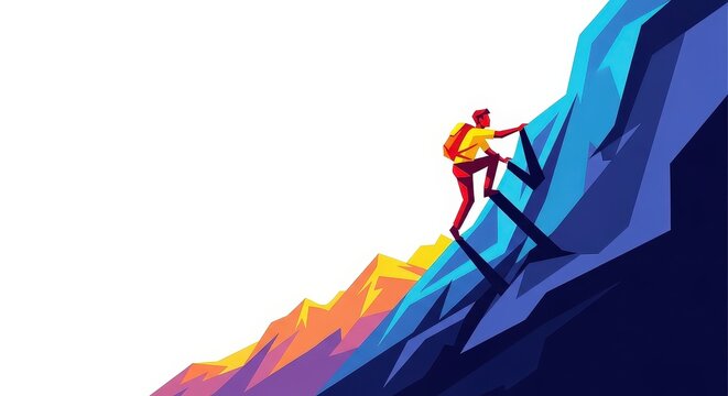 Man climbing a steep mountain with a backpack, vector illustration. - Powered by Adobe