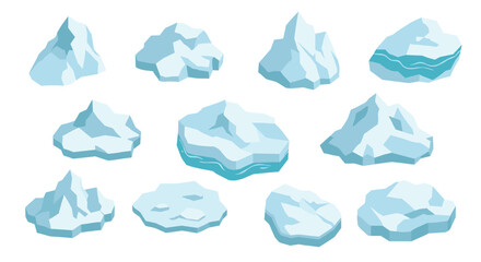 Fototapeta premium Collection of isometric icebergs with blue and white geometric shapes for arctic designs