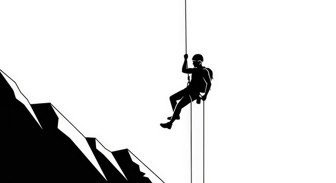 Silhouette of a person rappelling down a mountain face with a rope.