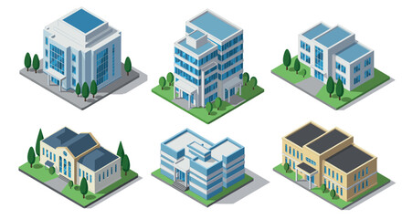 Modern isometric building collection featuring offices and apartments