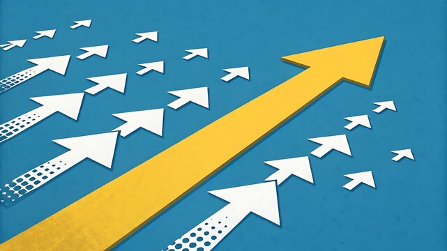 Yellow arrow leads a group of white arrows upward on a blue background