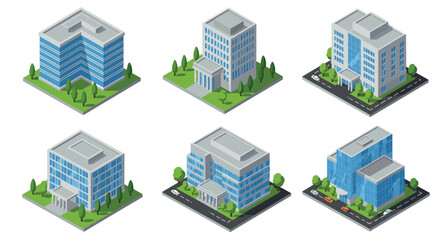 Isometric urban building collection with detailed architecture and landscape elements