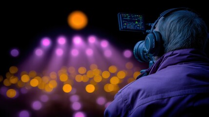 Cameraman with headphones captures live event on stage during vibrant performance at night