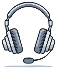 Grayscale cartoon illustration of a gaming headset with a microphone for communication