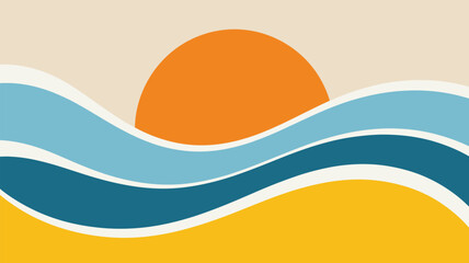 A stylized illustration of a beach scene with a sun waves and sand in a minimalist design style