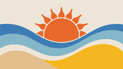 Stylized sun rising over ocean waves with sandy beach in a simple and colorful illustration style