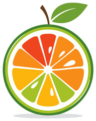 Fresh colorful citrus fruit slice illustration with various colored segments and green leaf