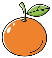 Brightly colored cartoon orange fruit with stem and leaf vector illustration