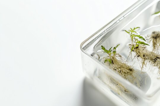 Young plants growing in a laboratory setting with clear light, showing botanical research and scientific study.
