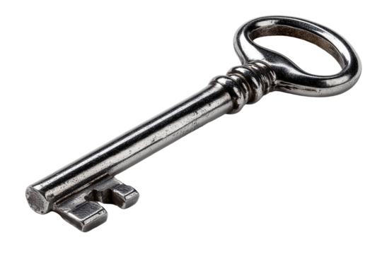 Detailed focus on vintage metal key isolated on pure transparency background, showcasing its intricate design and texture, evoking sense of nostalgia and mystery