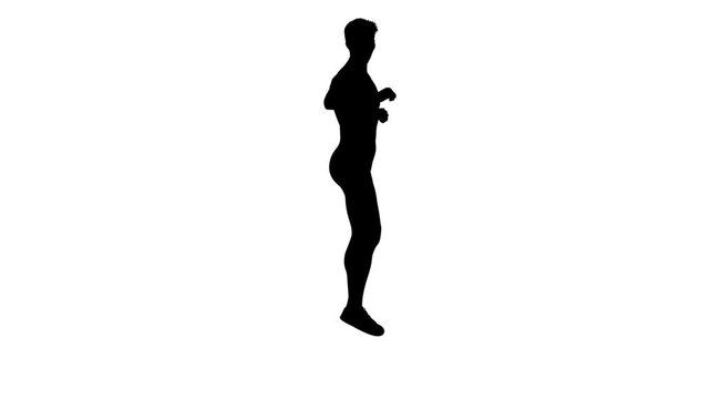 3D render : a silhouette male character is performing running step dance with the white background, front view