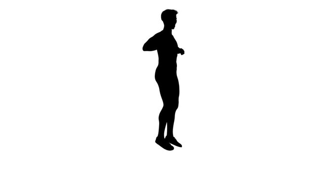 3D render : a silhouette male character is performing running step dance with the white background, 45 degrees back view

