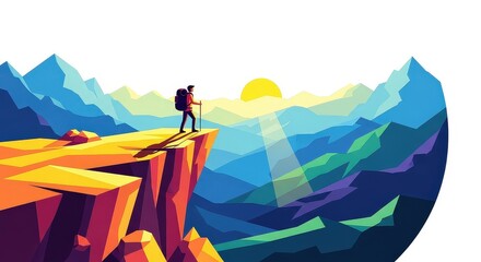 Fototapeta premium A lone hiker with a backpack stands on a cliff's edge, watching the sunrise over a vibrant, geometric mountain landscape.