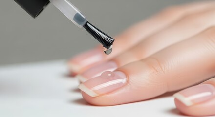 Woman hand applying transparent gel polish or base coat to fingernail at white table for manicure or professional nail care.