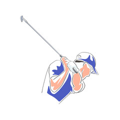 Golf player, isolated flat design vector illustration. Line art golfer, golf swing clip art