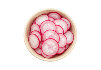 Isolated bowl of radish slices, healthy food preparation, raw fresh vegetable, salad