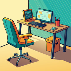 Animated Office Desk with Ergonomic Chair and Dual Monitors