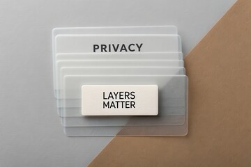 Arrangement of transparent sheets labeled privacy and layers matter