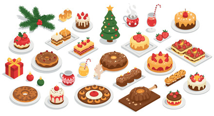 Festive holiday desserts with decorative christmas elements in isometric style