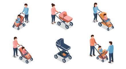 Isometric family scenes with parents and strollers in everyday situations