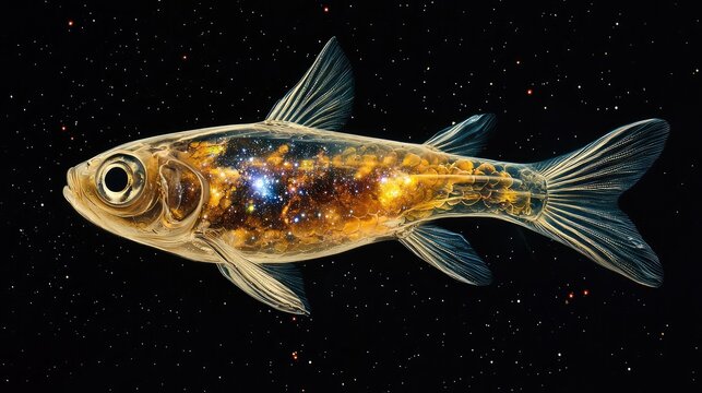 A fish with a glass body revealing a tiny galaxy swirling inside