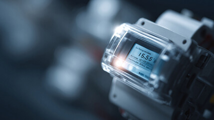 Closeup on an electronic utility meter displaying data on a digital screen. Illustrates technology, energy consumption, and resource management. Great for finance concepts.