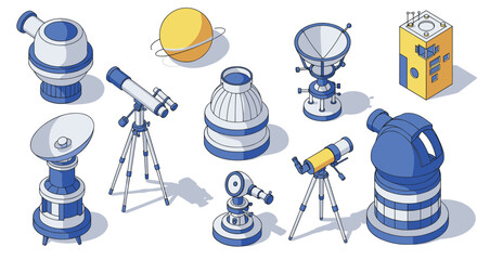 Isometric telescope and satellite collection with moon and planet elements in modern design