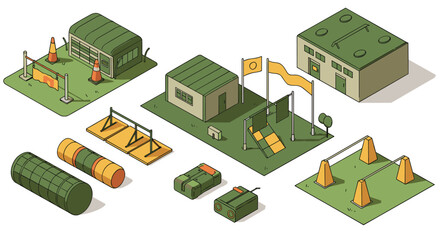 Fototapeta premium Outdoor military training equipment isometric set with obstacle course, bunkers, and tactical gear