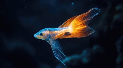 A fish with a tail that looks like a cometâ€™s glowing tail, moving in the darkness