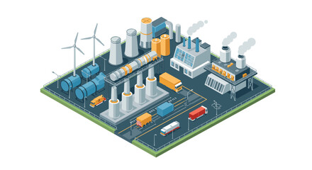 Industrial energy complex with factories, wind turbines, and trucks in isometric design