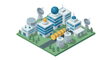 Obraz premium Modern isometric satellite communications center with antennas and control buildings