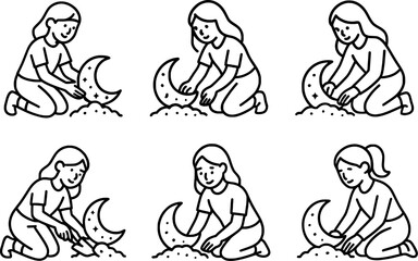 Obraz premium girl planting moon in soil black line vector icon set