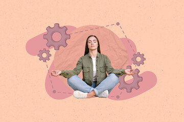 Poster pop collage of person stand meditate on pastel background with gear cog