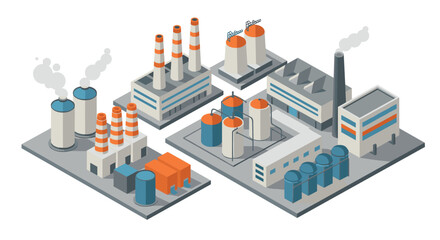 Obraz premium Isometric industrial factory complex with modern buildings and chimneys