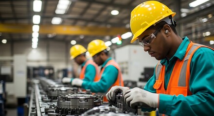 Industrial workers assembling machinery factory assembly