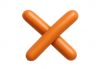 Two frankfurter sausages forming a cross or x symbol, representing rejection or a wrong choice, on transparent background
