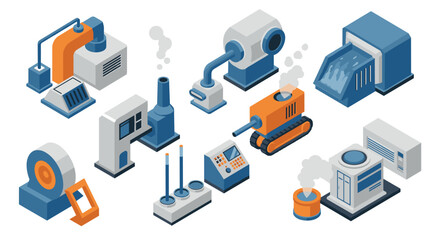 Obraz premium Isometric industrial equipment and machinery icons with modern design
