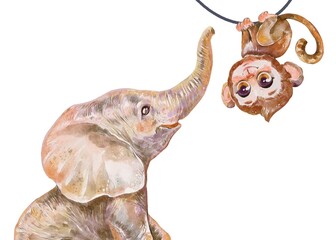 Watercolor illustration of cute baby elephant with little monkey hanging from vine in monochrome beige tones perfect for safari nursery decor posters prints and kids room design
