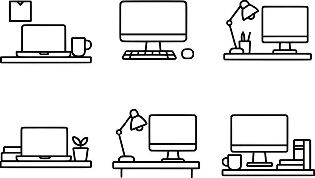 minimalist workspace desk setup vector icon set