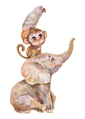 Watercolor boho illustration of cute safari animals baby elephant little monkey and white parrot sitting on each other perfect for nursery decor prints posters and kids room design