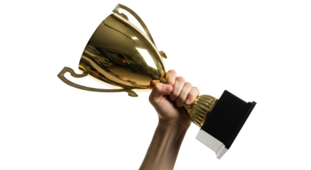 Triumphant hand holding a shiny trophy