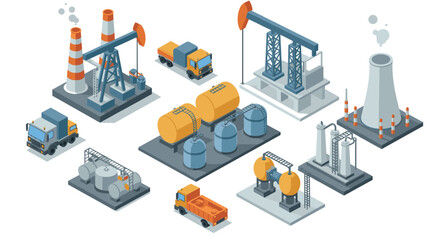 Obraz premium Isometric industrial equipment: oil pumps, tanks, and trucks in a factory setup