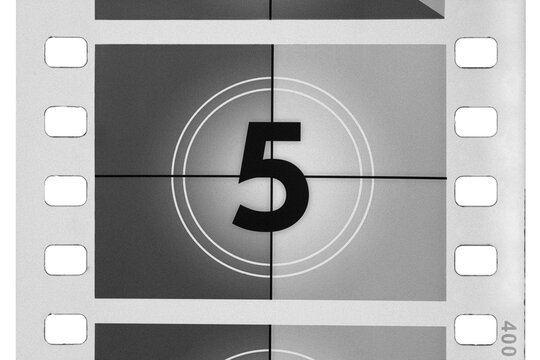Classic film leader countdown with number five on screen, creating a vintage cinema concept, isolated. Transparent PNG image.