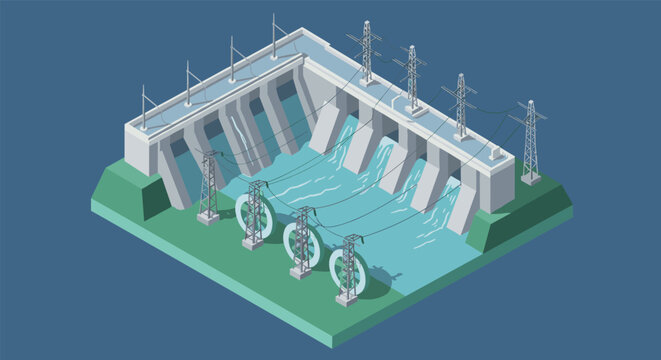 Fototapeta Isometric hydroelectric dam with turbines and power lines on blue background