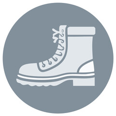 Stylized durable work boot with laces in monochrome graphic design, symbolizing utility, labor, and ruggedness on a circular muted gray background