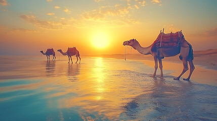 Three camels walk along a tranquil beach at sunset, their silhouettes cast against a fiery sky.